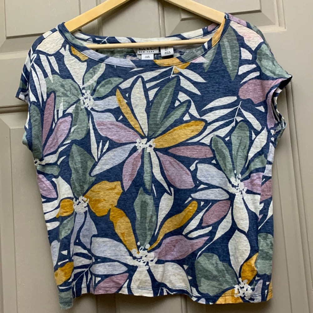Nicole Miller New York linen top floral small blue green purple sage lavender S